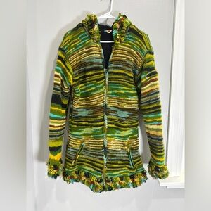 100% Wool Jacket Chunky Pixie Hood Knit Unisex Boho Fleece Lined Warm Cardigan